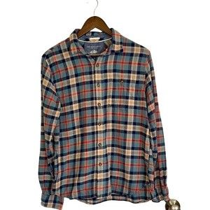 Denim and flower, long sleeve tartan plaid button up shirt, Women M